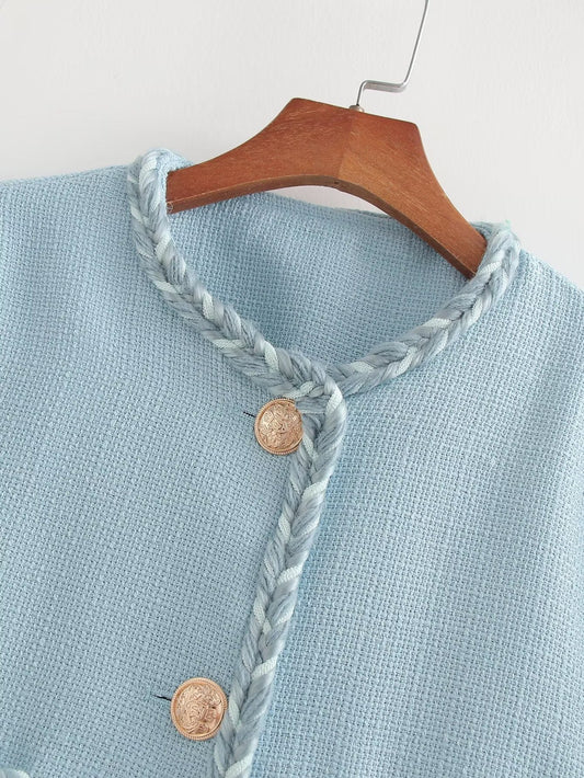 WW | Light Blue Tweed Jacket - Elegant & Sophisticated - Button Closure - Chic Office & Casual Wear