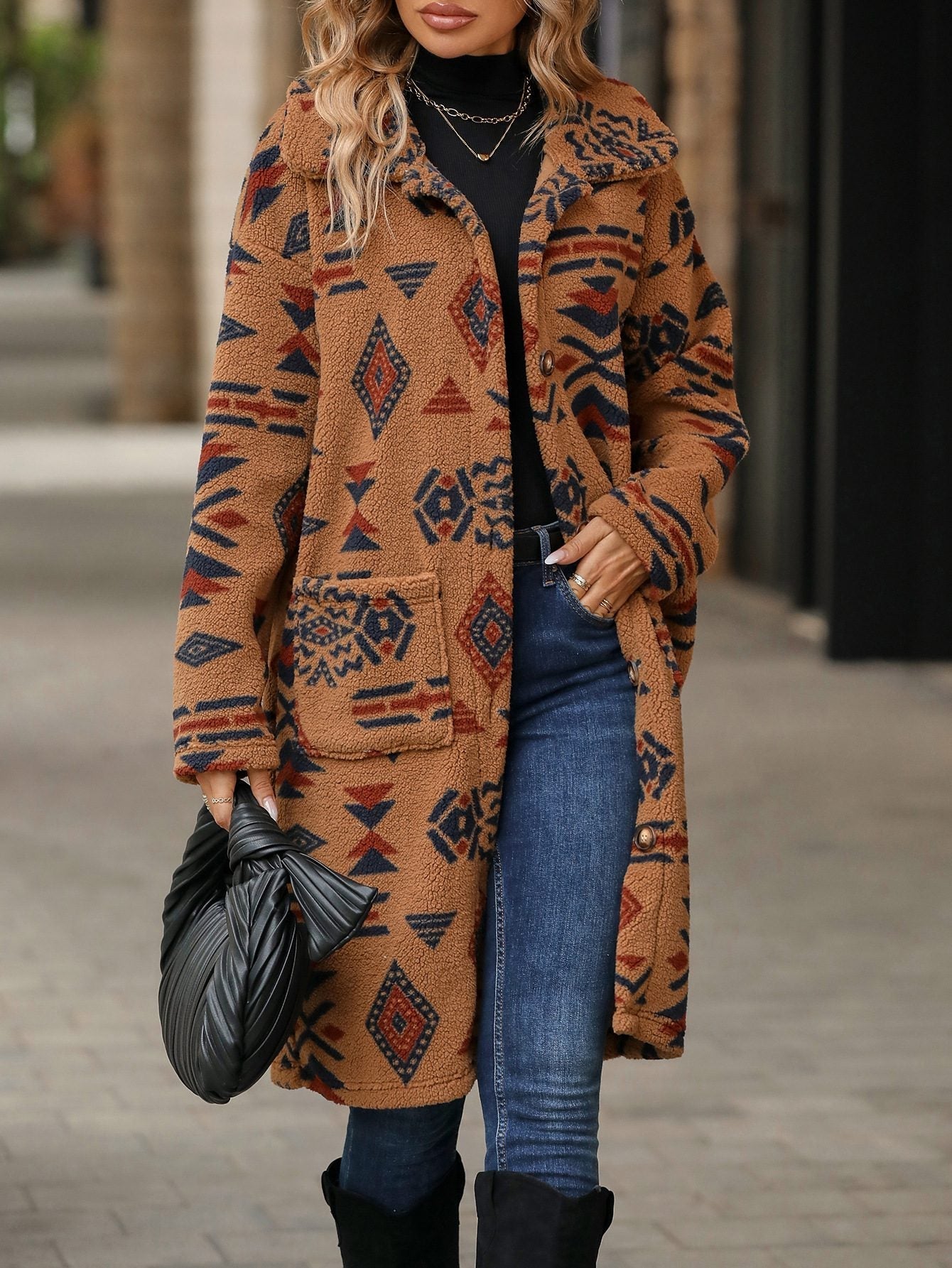 WW | inspirierter langer Mantel - Blickfang Tribal-Print - Weiche Stoffmischung - Herbst- und Winter-Statement-Stück