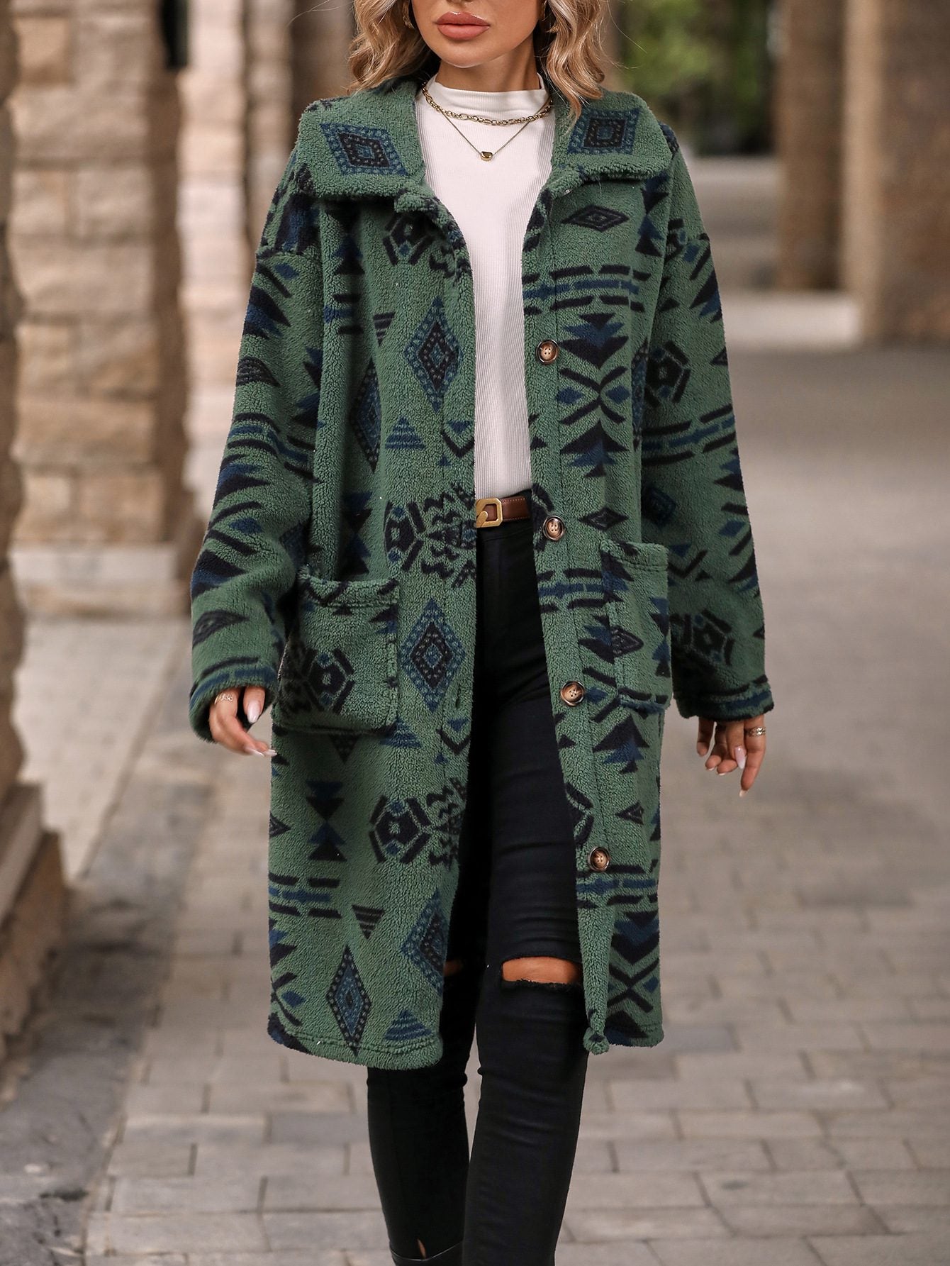 WW | inspirierter langer Mantel - Blickfang Tribal-Print - Weiche Stoffmischung - Herbst- und Winter-Statement-Stück