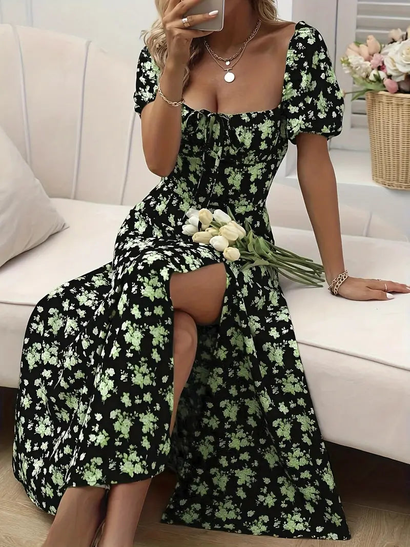 WW | Schickes Kleid mit Puffärmeln Im A-Linien-Stil mit Blumendruck