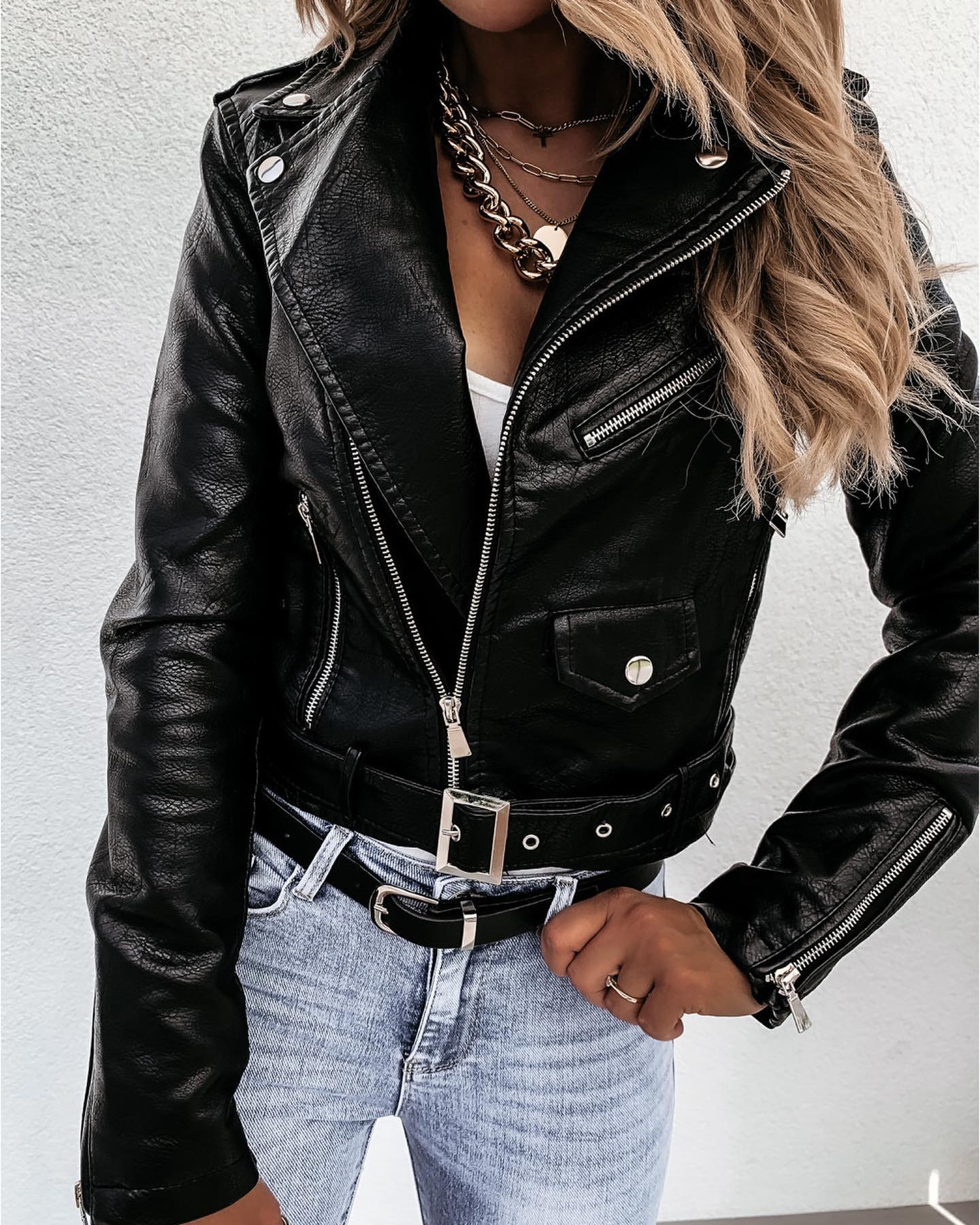 WW | Gekürzte PU-Leder Bikerjacke mit Asymmetrischem Reißverschluss