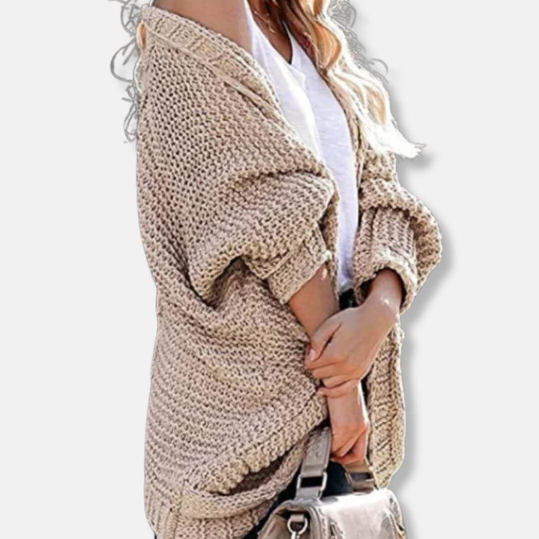 WW | Woll Übergroßer Cardigan - Gerippter Offener Fronttaschen Cardigan