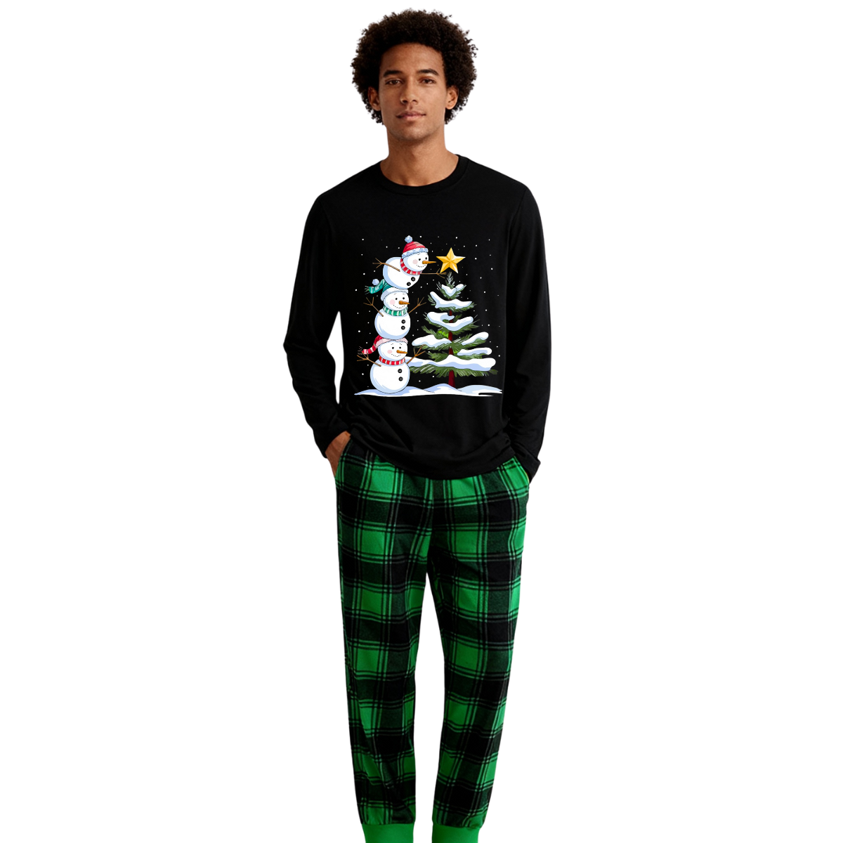 WW | Weihnachtsfamilien-Pyjama-Set - Schwarzes Oberteil und grüne Karo-Hose mit Schneemann-Comic-Druck