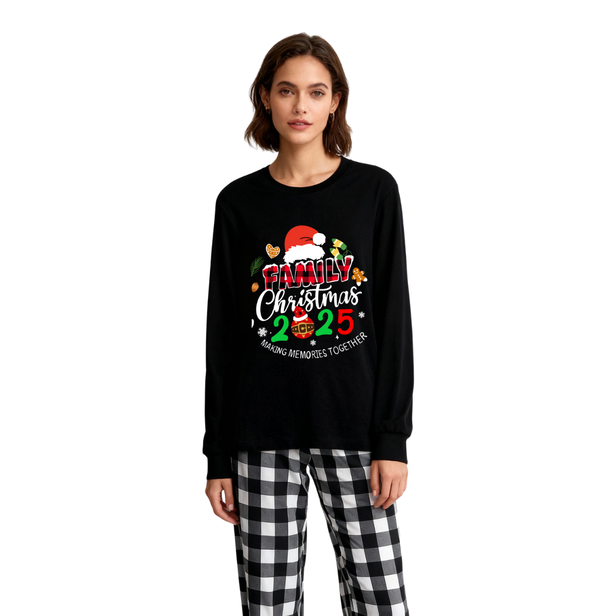 WW | Family Christmas 2025 Creating Memories Together Text Print Black Long Sleeve Top with Black and White Plaid Pants Family Matching Pajamas