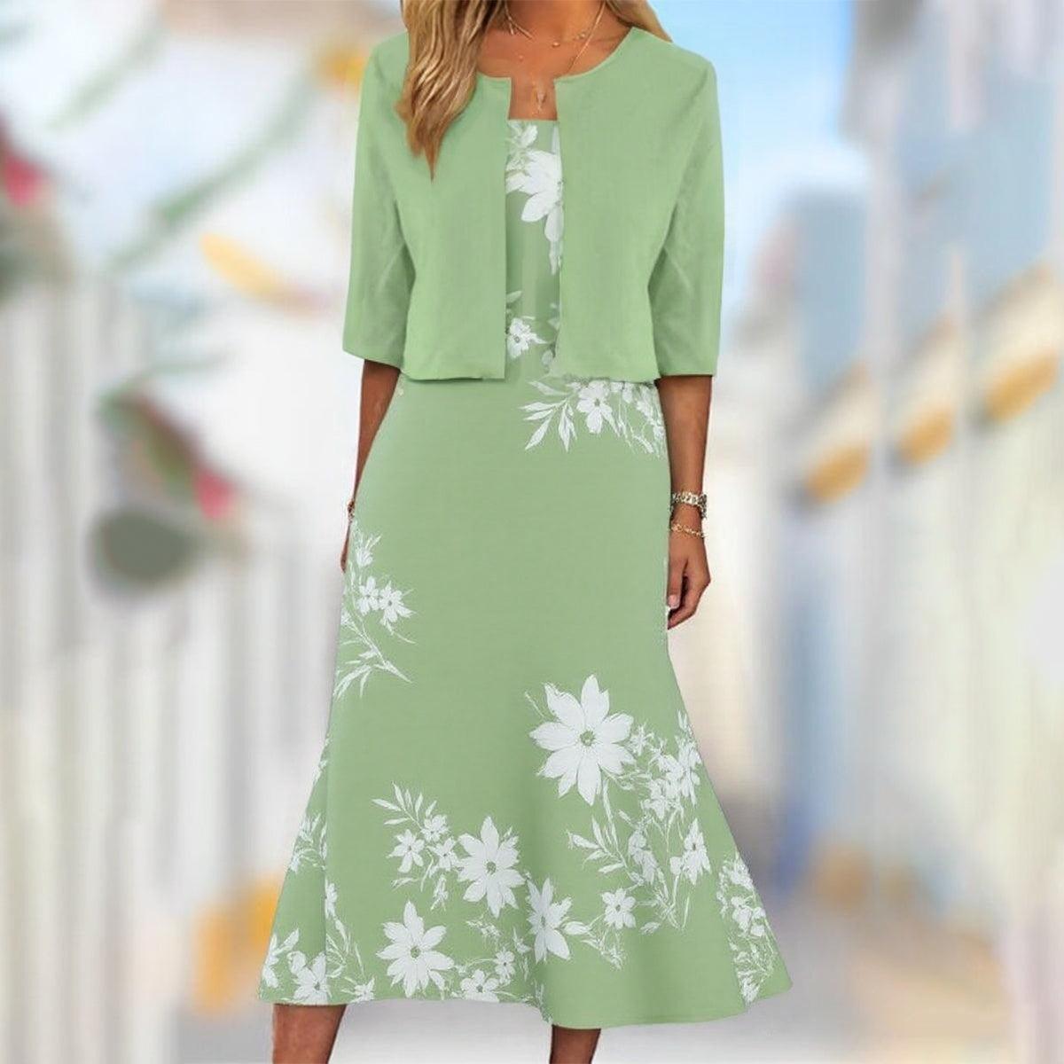 Unique midi dress with blue botanical pattern and jacket