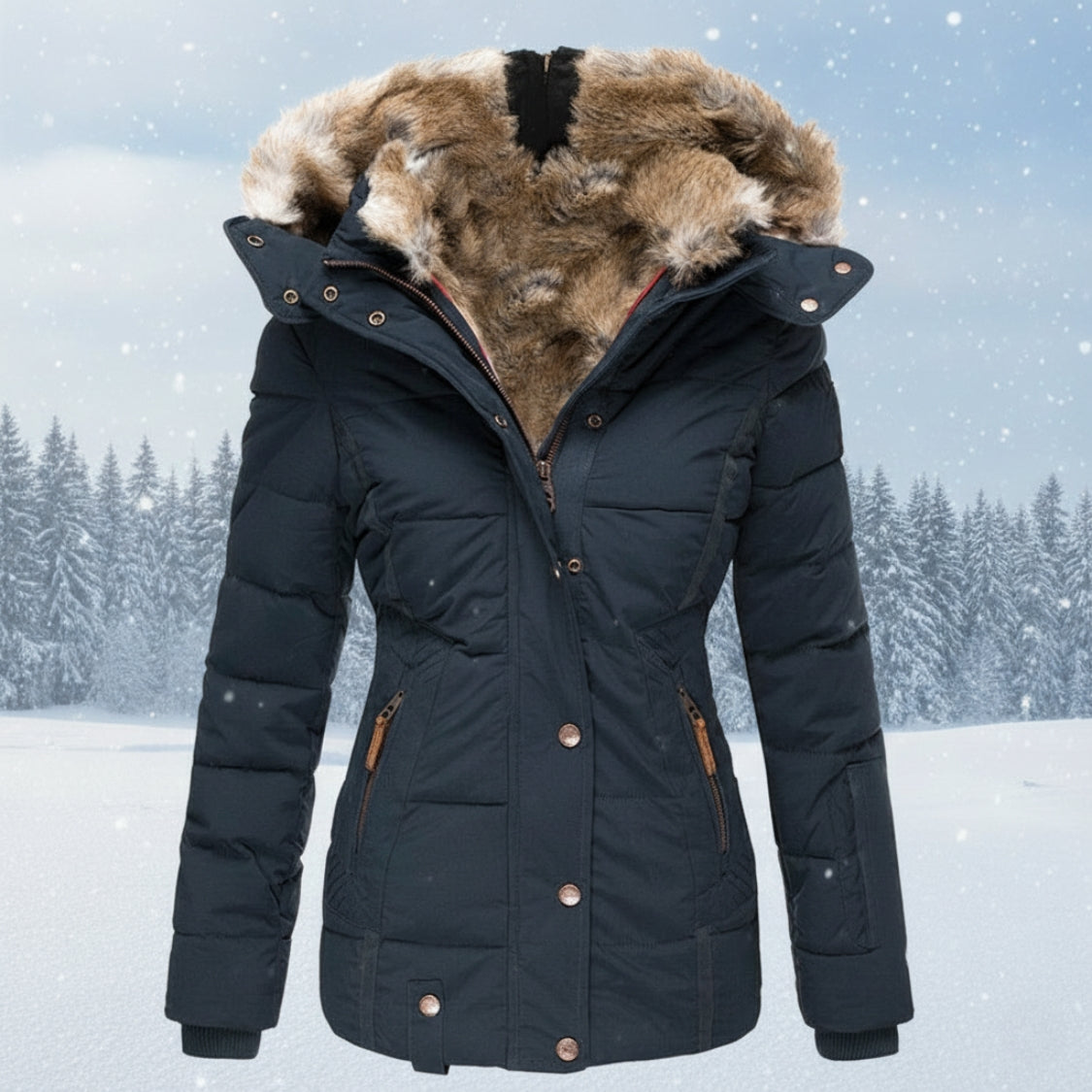 WW | Women's Winter Parka with Faux Fur Hood - Warm Insulated Puffer Coat in Navy Blue | Quilted Jacket with Velvety Lining