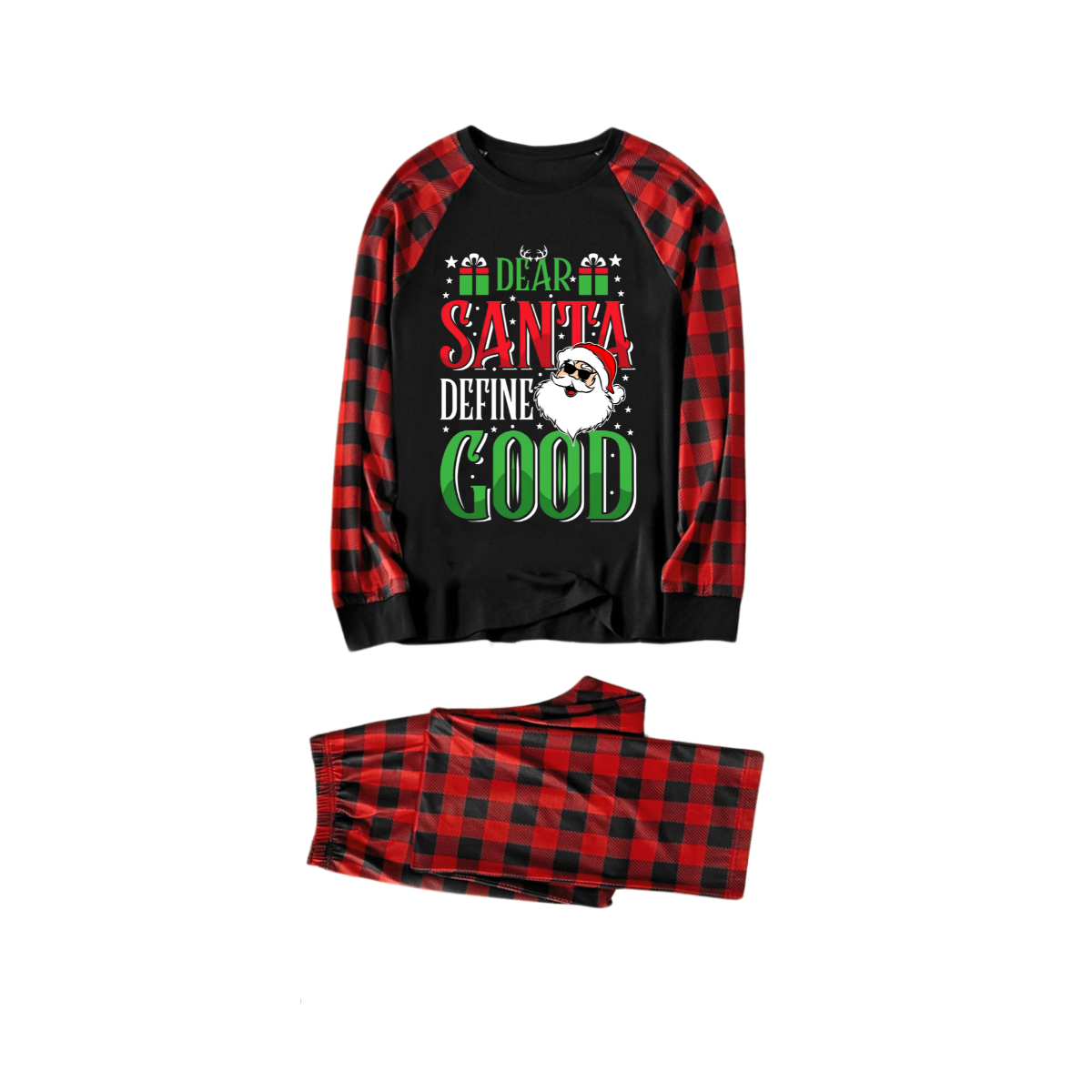 WW | "Dear Santa Define Good" Slogan Printed Black and Red Scarf Christmas Matching Pajamas