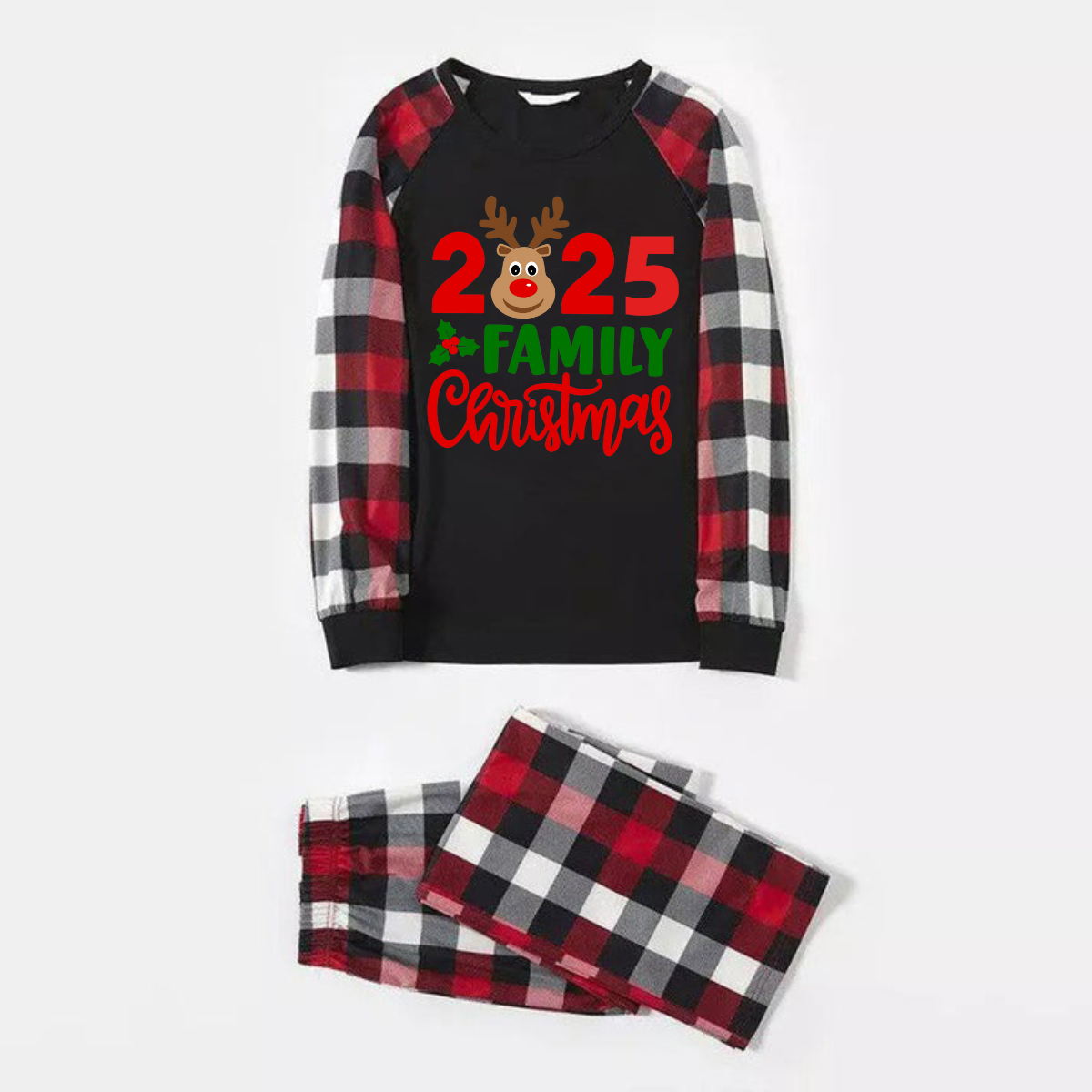 WW | "2025 Familientag Weihnachten" Moose Letter Prints Rot & Schwarz & Grau & Weiß Kariert Familienstil Schlafanzüge