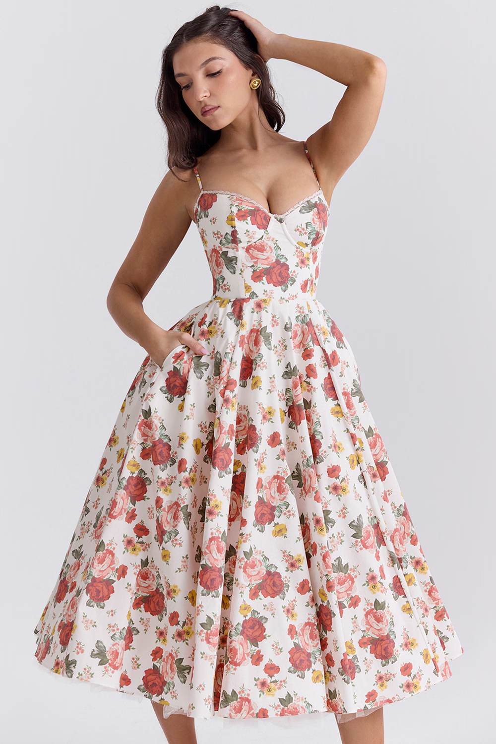 WW | A-linie Midi Kleid Spaghetti Träger Spitzen Detail Elegante Formelle Kleidung
