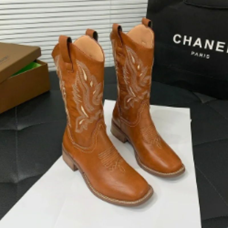 WW | Western Stil Stiefel Damen mit Spitzem Kopf und Blockabsatz, Cowboy Stiefel Damen
