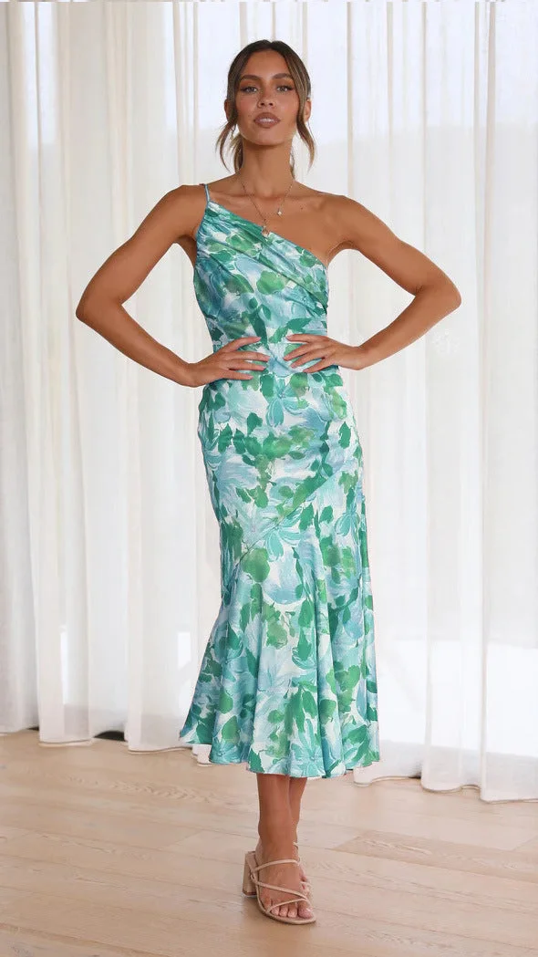 Floral Satin Ruched One-Shoulder Dress
