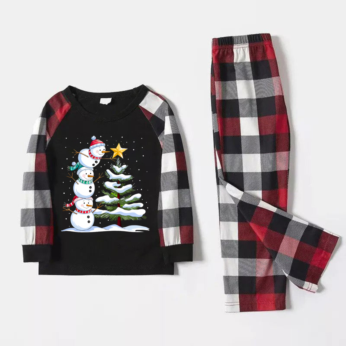 WW | Red & Grey Plaid Snowman & Christmas Tree Print Christmas Pyjama Set