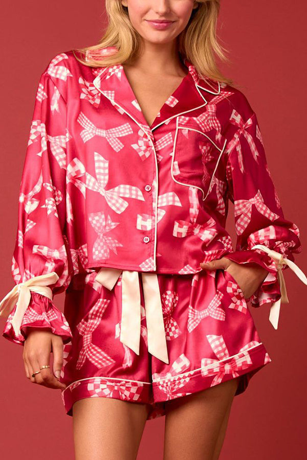 WW | Weihnachtsdruck Schnürung Bündchen Oberteil und elastischer Taillenbund Taschen Freizeit Shorts Set