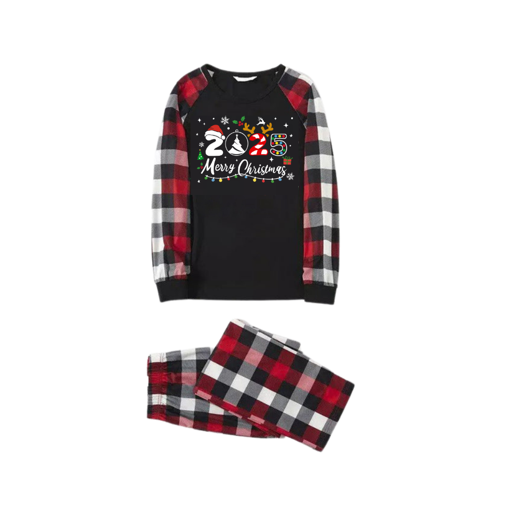 WW | "2025 Merry Christmas" Text and Santa Hat Print Pattern - Black Top with Red, Black and White Plaid Sleeves - Family Matching Pajamas