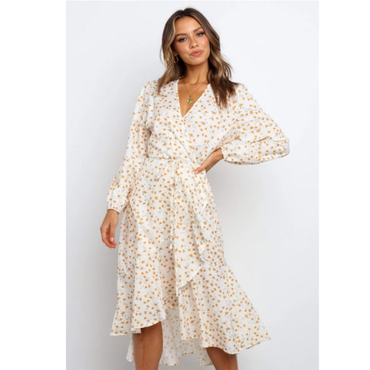 Damen Wickelkleid mit voluminösen Ärmeln und Rüschensaum WW