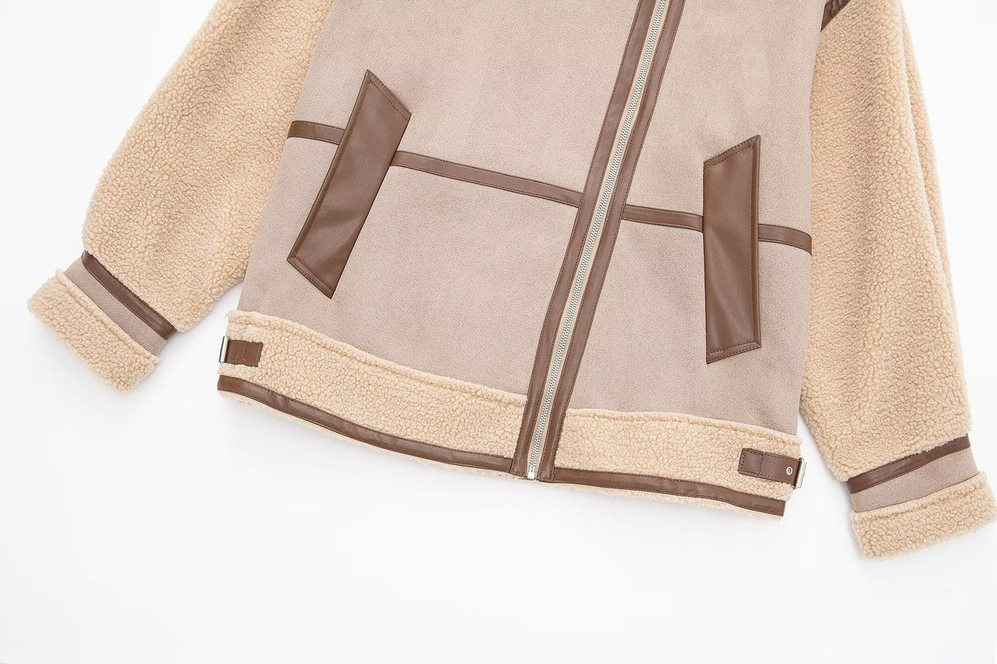 WW | Shearling Pilotenjacke - PU-Lederausschnitt - Asymmetrischer Reißverschluss - Winter unverzichtbar