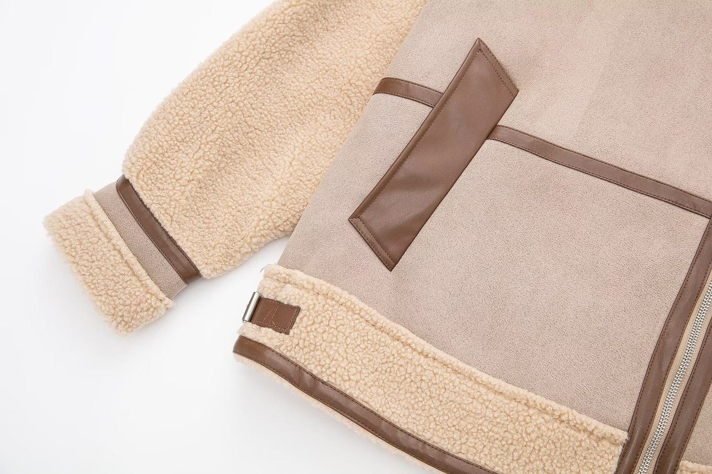 WW | Shearling Pilotenjacke - PU-Lederausschnitt - Asymmetrischer Reißverschluss - Winter unverzichtbar