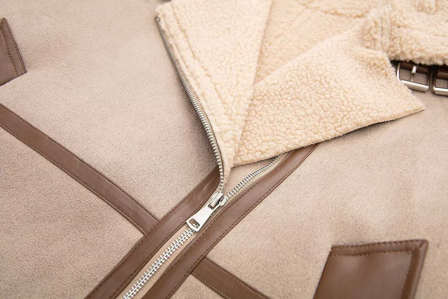 WW | Shearling Pilotenjacke - PU-Lederausschnitt - Asymmetrischer Reißverschluss - Winter unverzichtbar