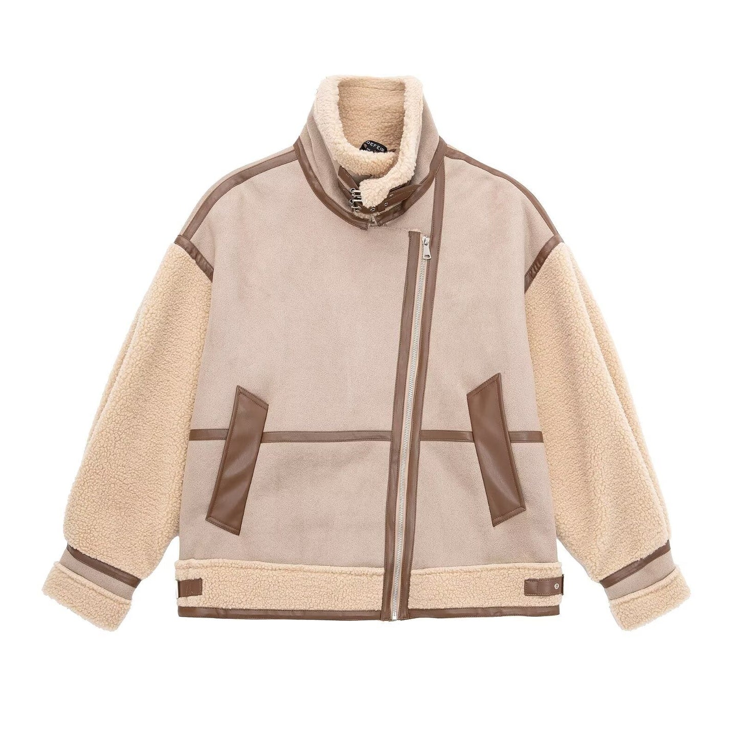 WW | Shearling Pilotenjacke - PU-Lederausschnitt - Asymmetrischer Reißverschluss - Winter unverzichtbar