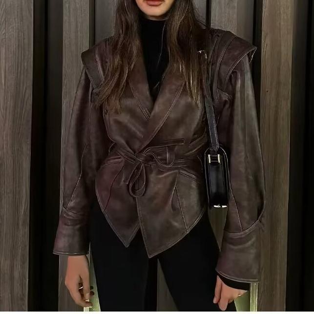 WW | Inspired PU Leather Jacket - Asymmetric Hem - Adjustable Waist Belt - Chic Outerwear