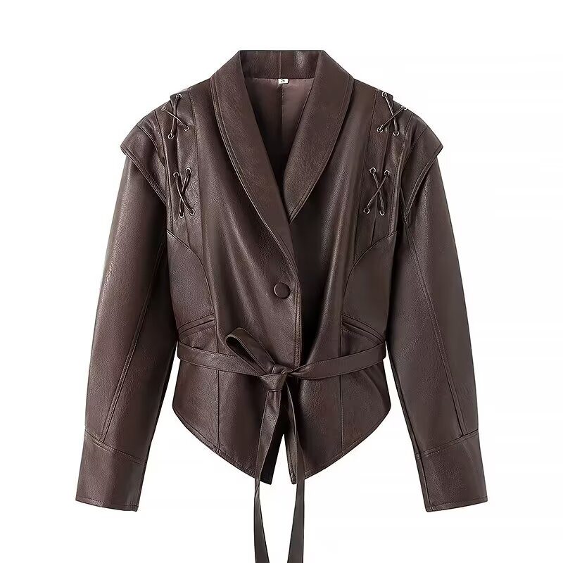 WW | Inspired PU Leather Jacket - Asymmetric Hem - Adjustable Waist Belt - Chic Outerwear