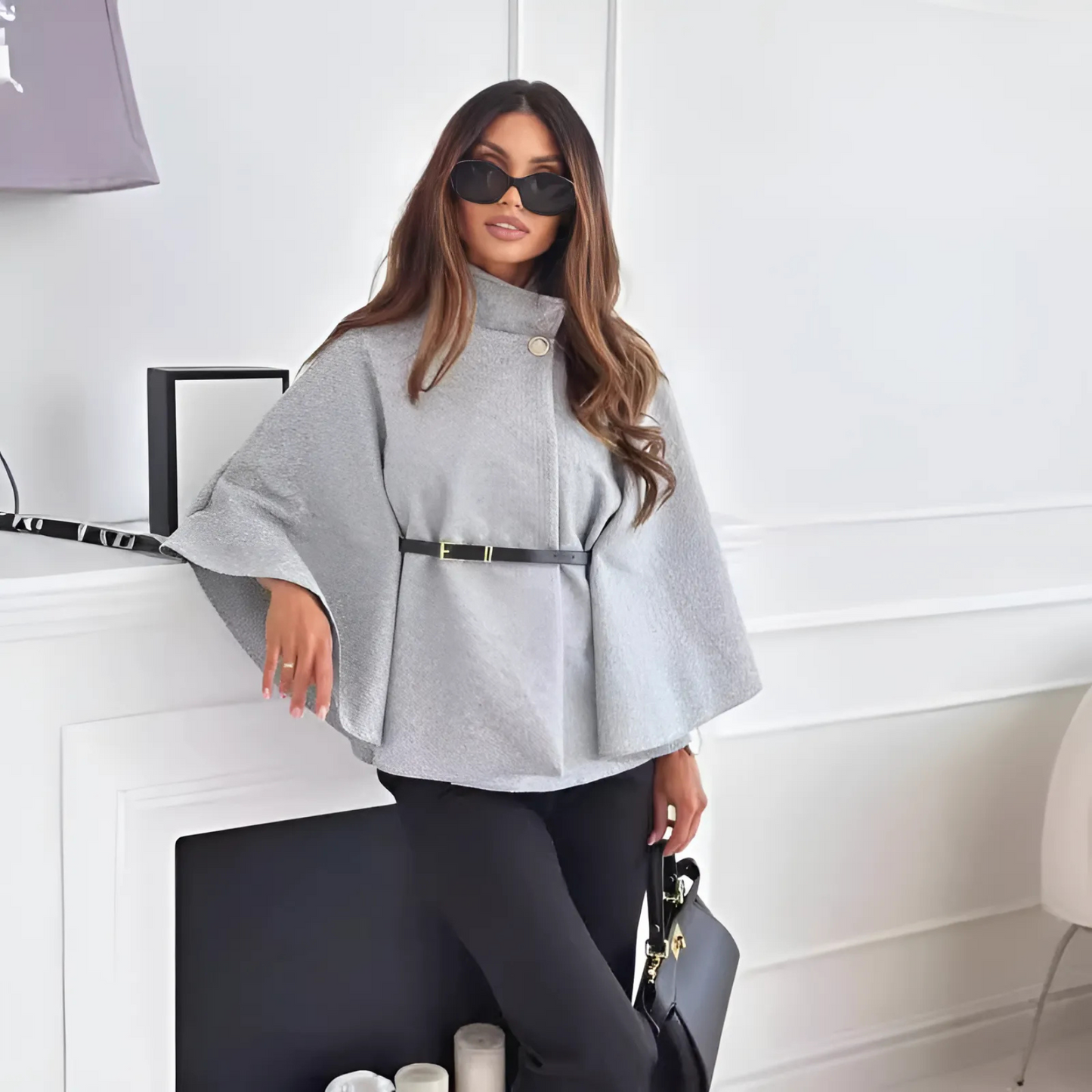 Elun Chic Butterfly Jacket with Belt - Gray