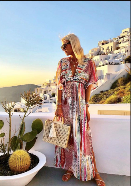 Women's Maxi Dress with Elegant V-Neck and Floral Pattern Mix WW