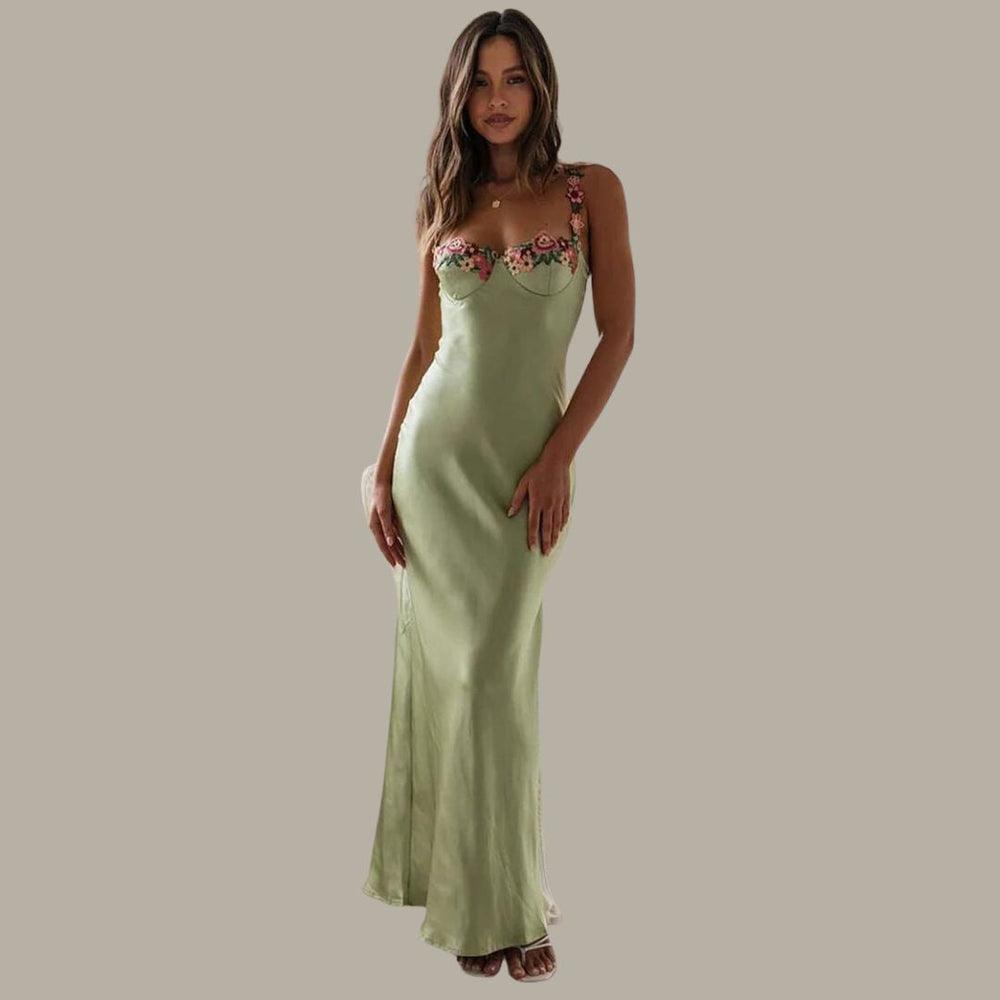 WW | Women's Floral Embroidered Satin Maxi Dress