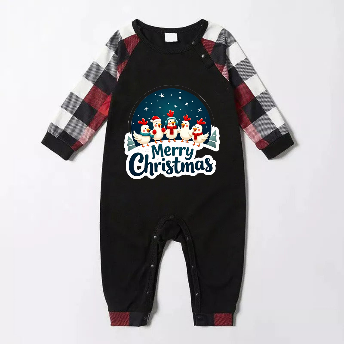 WW | Red and grey checkered Christmas pyjamas with happy chickens and "Merry Christmas" text print