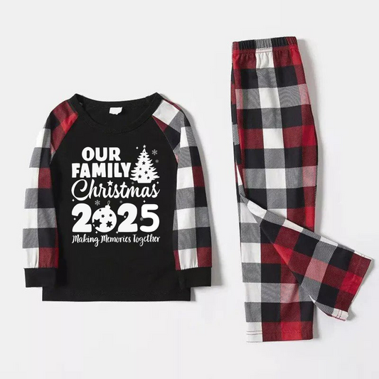 WW | Christmas Sweet Cartoon Santa Hat Pattern and '2025 FAMILY Christmas' Letter Print Contrast Tops and Red & Black & White Plaid Pants Family Matching Pajamas Set with Dog Bandana