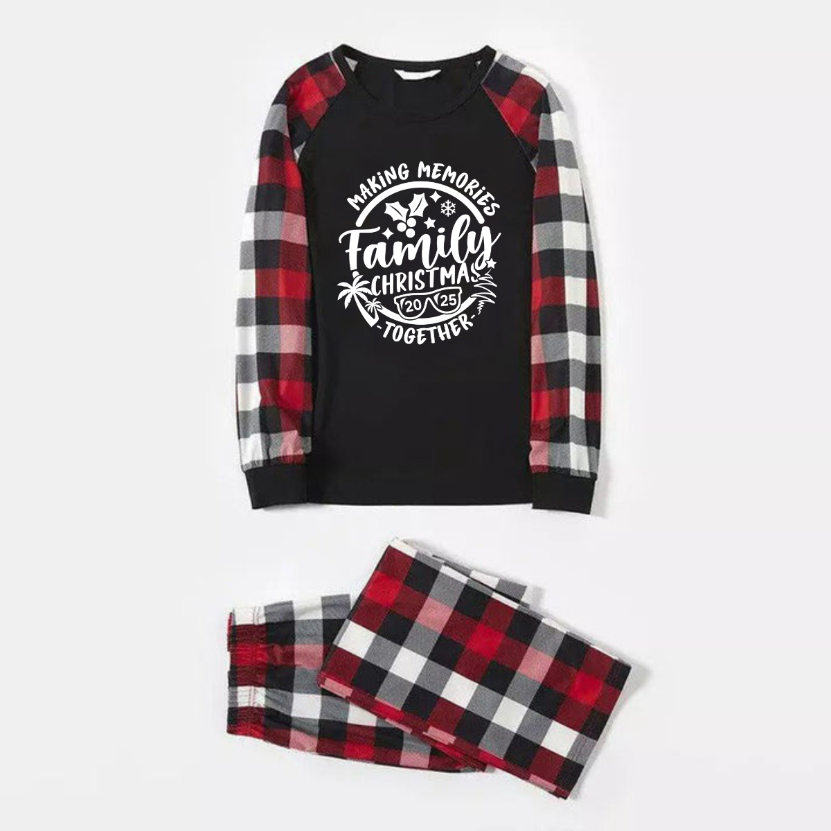 WW | Christmas Memories Together 2025 Print Red & Black & Gray & White Plaid Family Day Pajamas With Dog