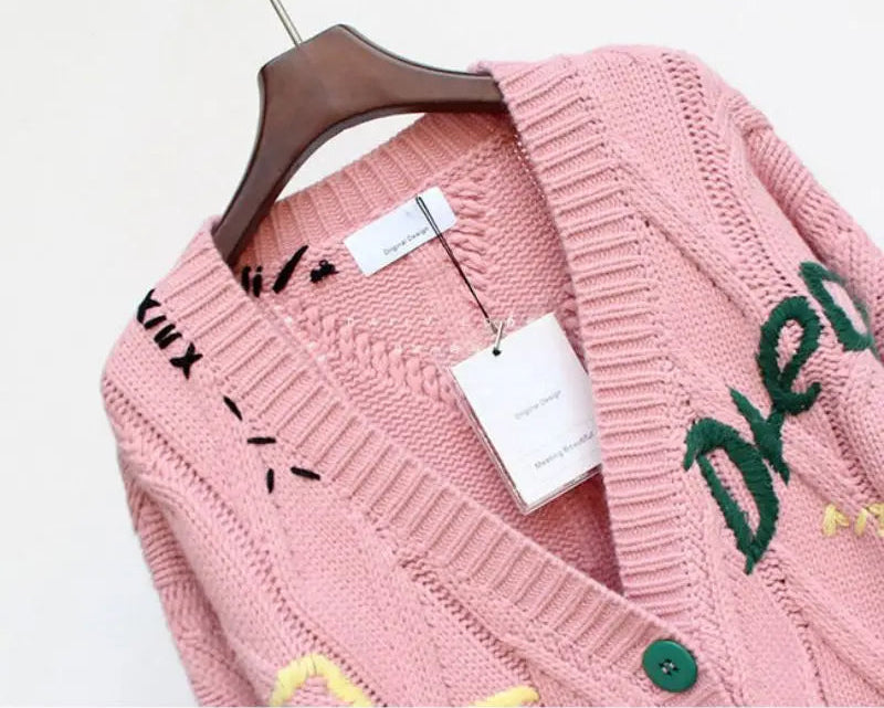 WW | Knitted V-neck Cardigan for Women with Embroidery