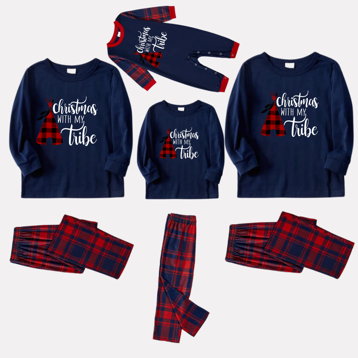 WW | Weihnachtsröhre und Buchstabendruck Blau Langarmoberteil mit Rot & Blau Karo Familienset Pyjamas