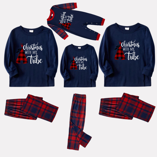 WW | Christmas Tube and Letter Print Blue Long-Sleeve Top with Red & Blue Plaid Family Set Pajamas