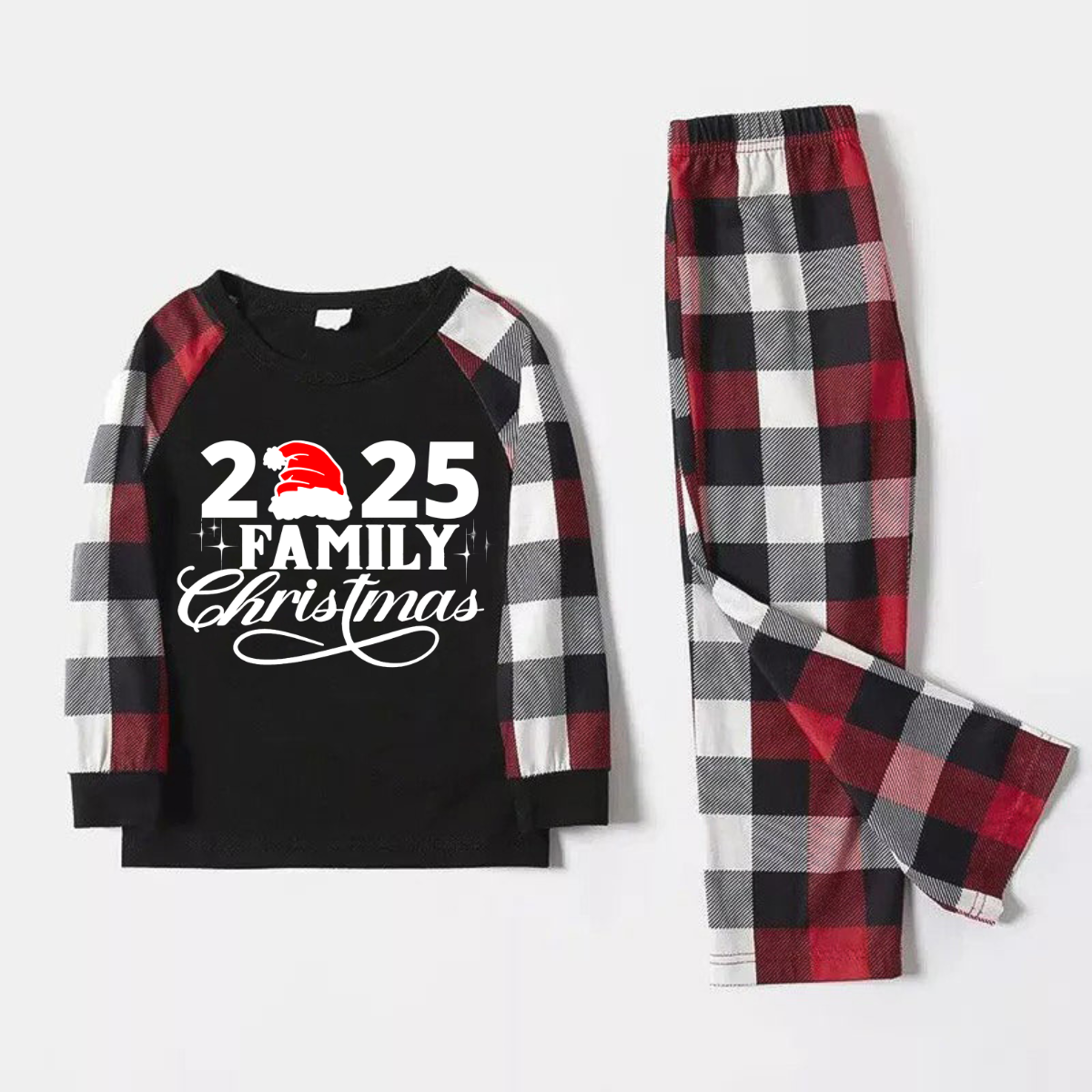 WW | "2025 Family Christmas" Letter Print Red & Black & Grey & White Plaid Family Matching Pajamas