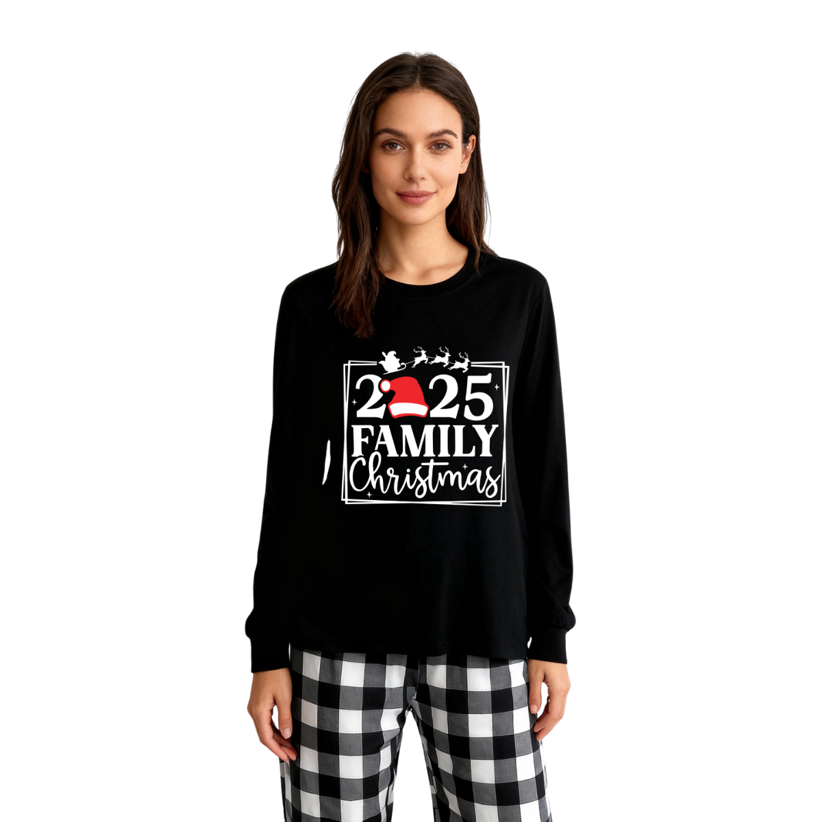 WW | "2025 FAMILY CHRISTMAS" Text und Schlittenmuster - Schwarzes Langarmoberteil mit Schwarz-Weiß karierten Hosen Familienpassende Pyjamas