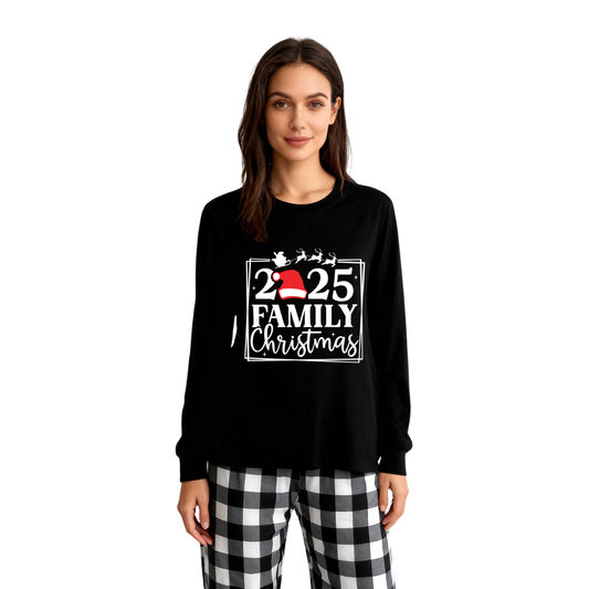 WW | "2025 FAMILY CHRISTMAS" Text and Sleigh Pattern - Black Long Sleeve Top with Black and White Plaid Pants Family Matching Pajamas