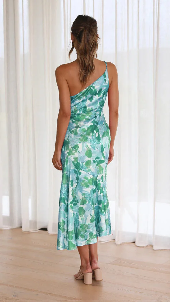 Floral Satin Ruched One-Shoulder Dress