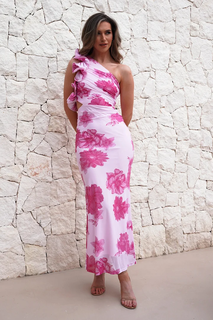 Pink strapless dress with ruffles