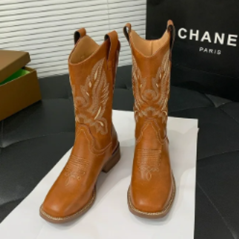 WW | Western Stil Stiefel Damen mit Spitzem Kopf und Blockabsatz, Cowboy Stiefel Damen