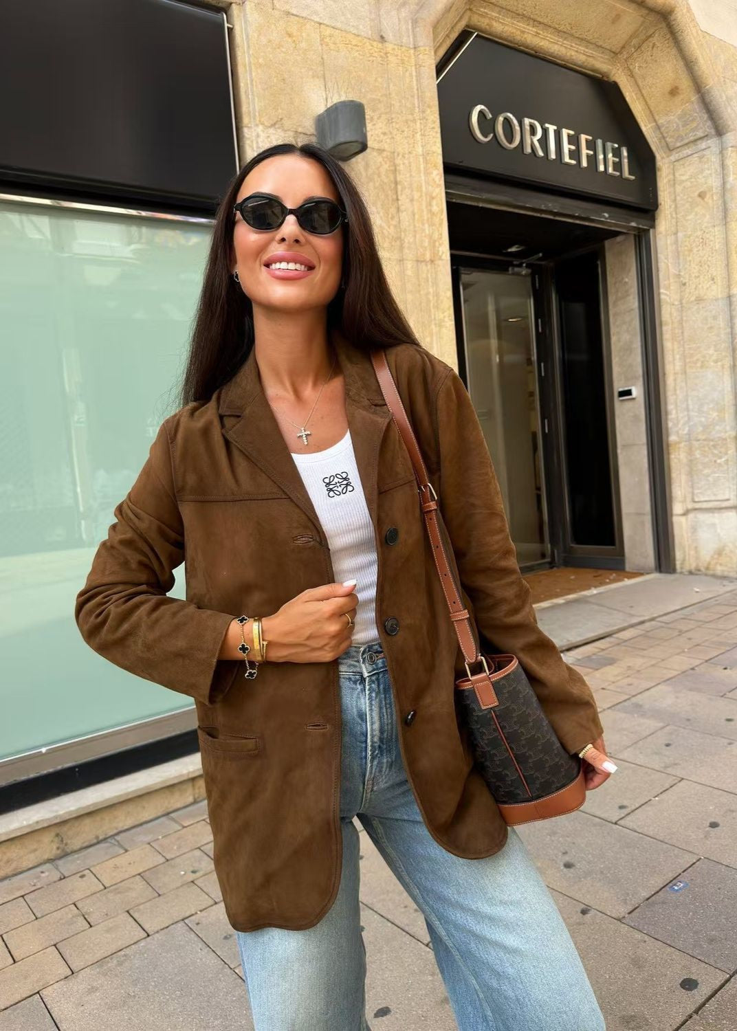 WW | Suede Button-Front Blazer with Flap Pockets
