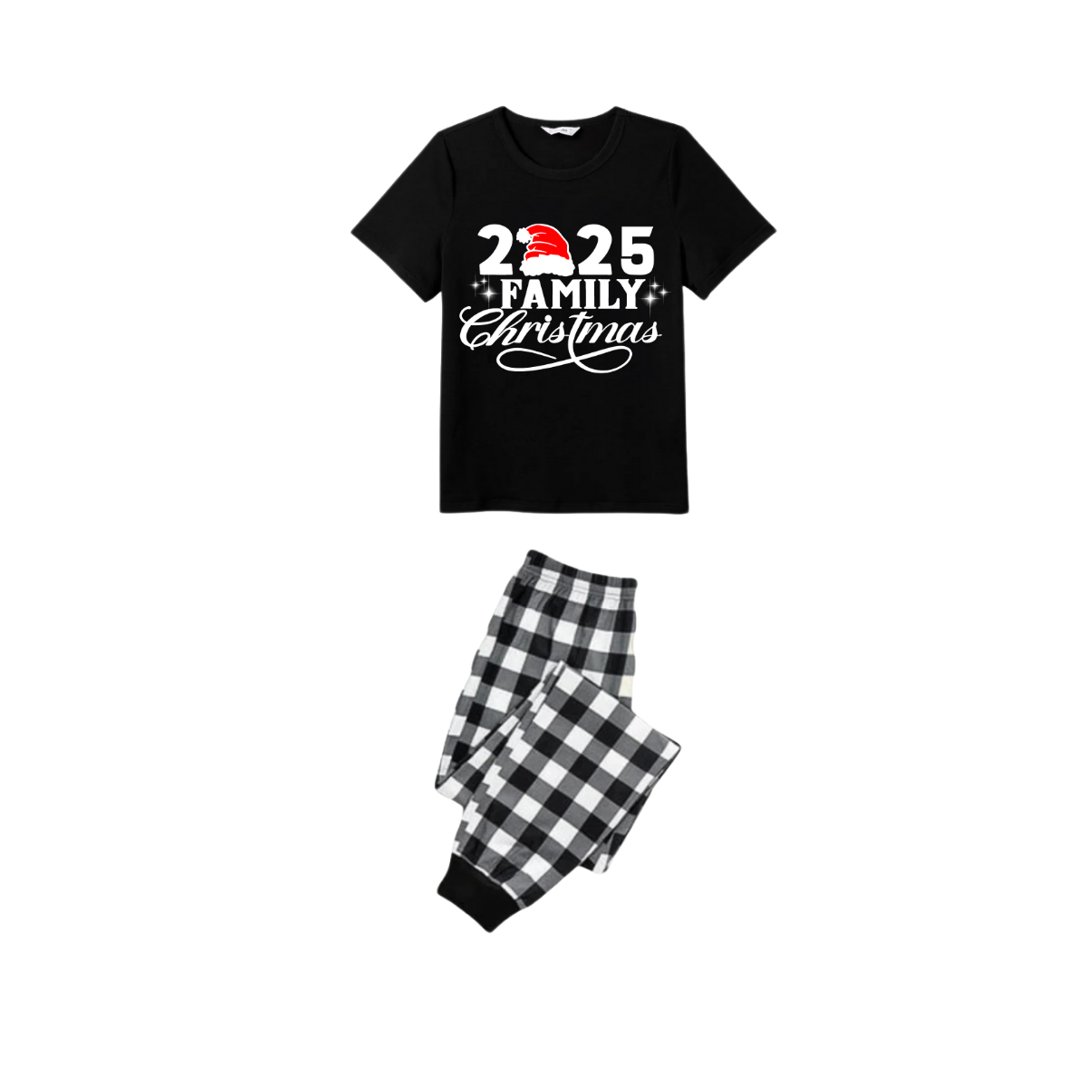 WW | 2025 Familie Weihnachts-Pyjama-Set - Schwarzes Oberteil Schwarze und Weiße Karo-Hosen Weißen Text Grafik