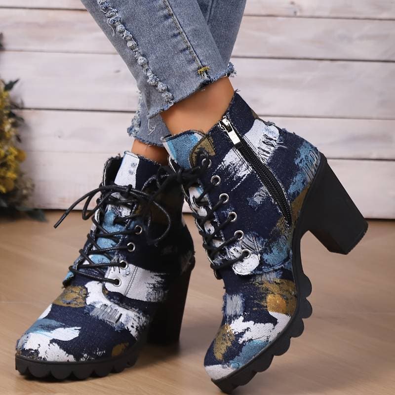 WW | Stiefeletten Gemustertes Textil Schnürung Blockabsatz Chunky Sohle
