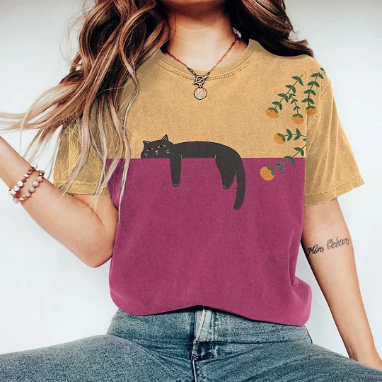 WW | Zweifarbige Katzen-Grafik-T-Shirt für Damen