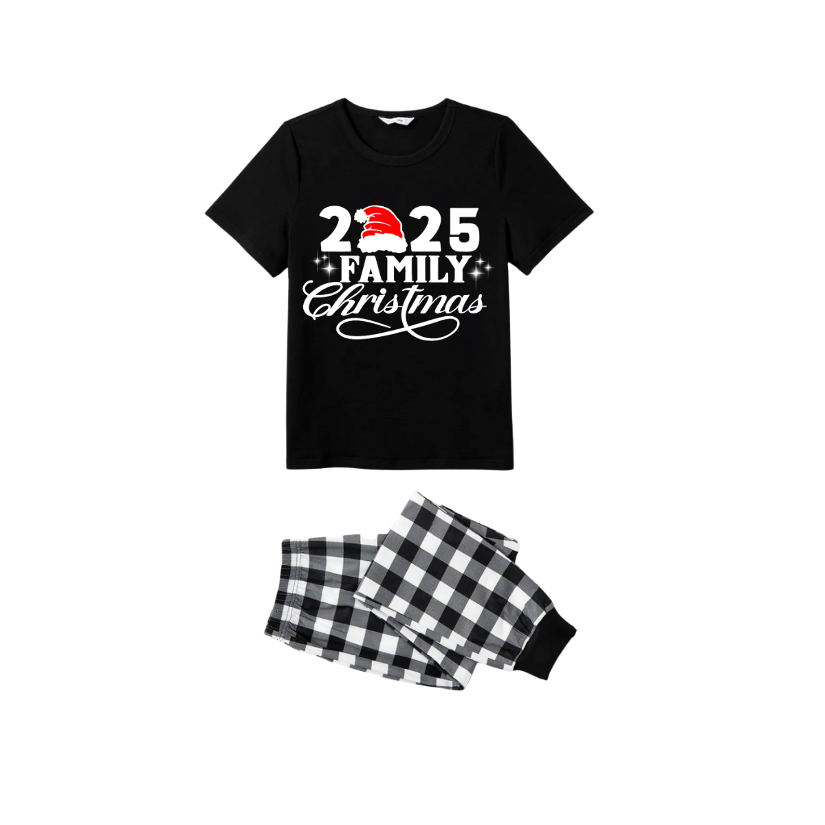 WW | 2025 Familie Weihnachts-Pyjama-Set - Schwarzes Oberteil Schwarze und Weiße Karo-Hosen Weißen Text Grafik