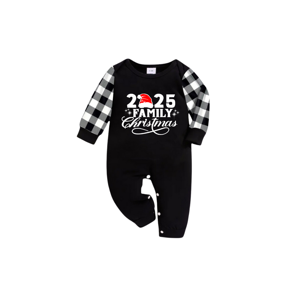 WW | 2025 Familie Weihnachts-Pyjama-Set - Schwarzes Oberteil Schwarze und Weiße Karo-Hosen Weißen Text Grafik