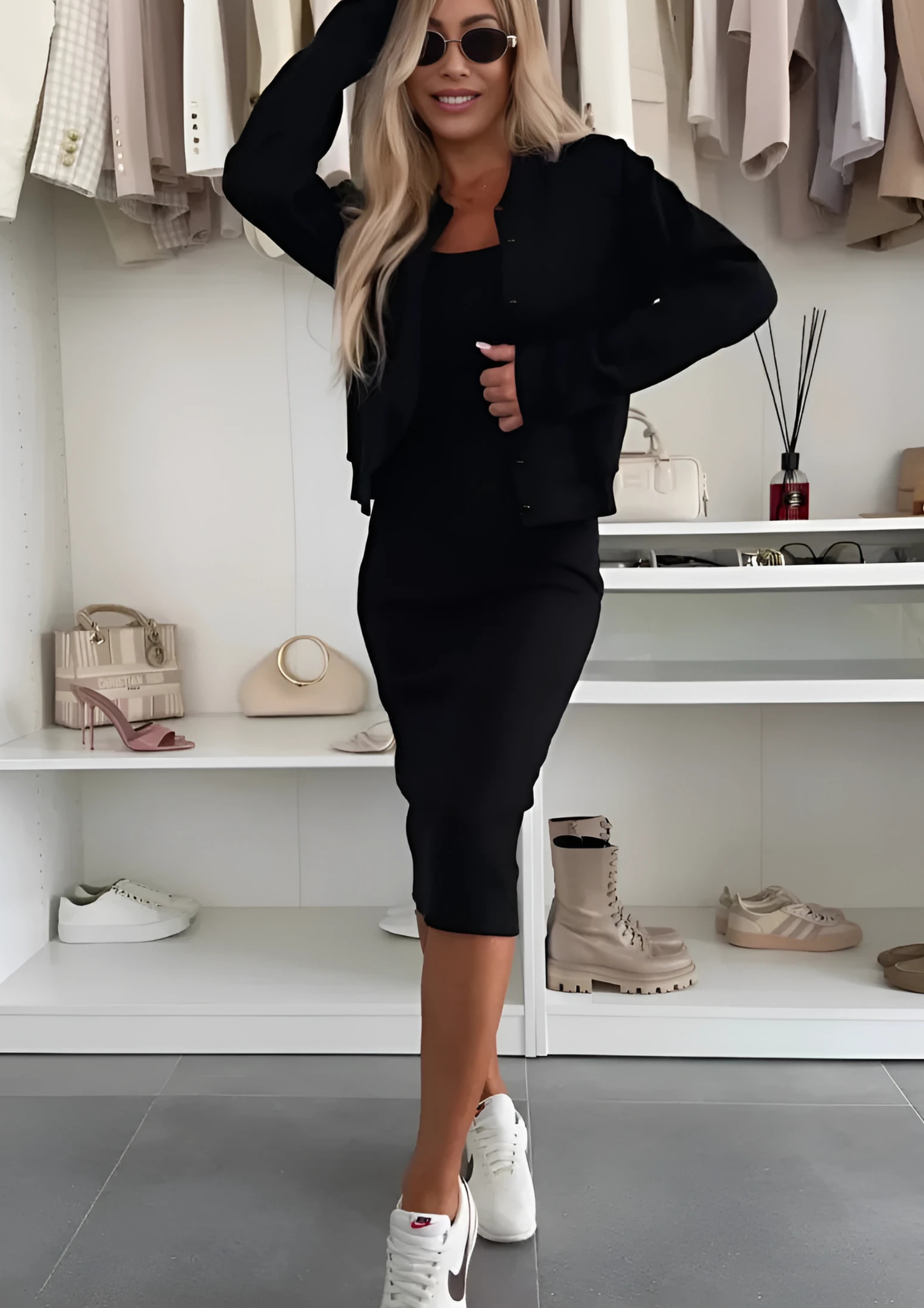 Miru Midi Dress & Cardigan Set - Black