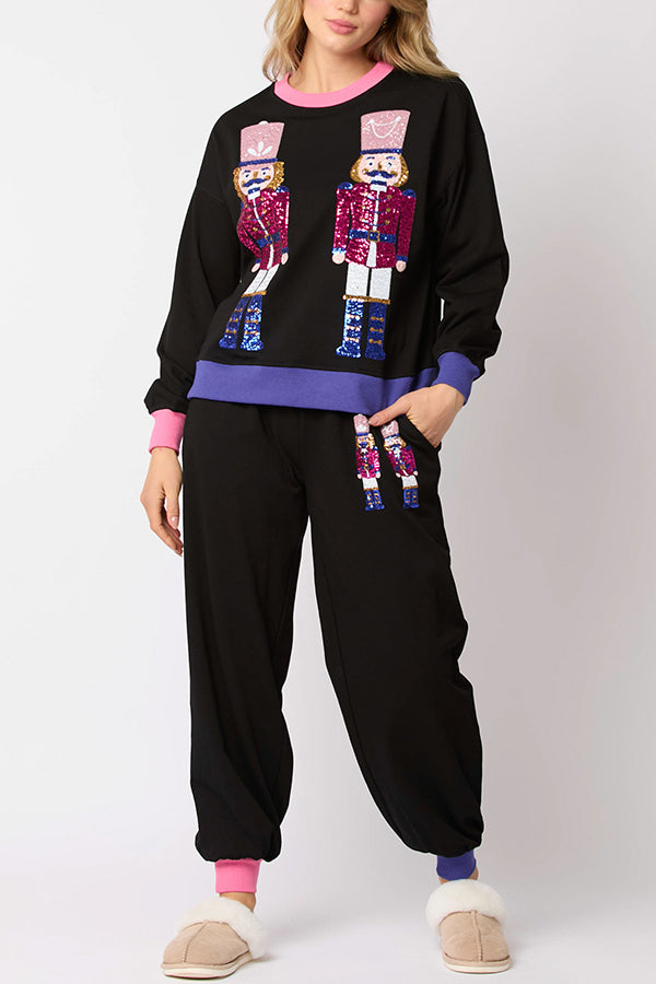 WW | Weihnachtsmann Pailletten Freizeit Sweatshirt und elastische Taillen lockere Taschenhose Set