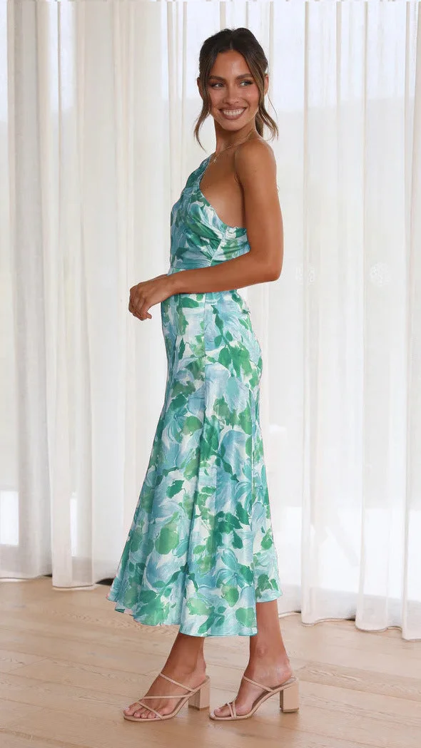 Floral Satin Ruched One-Shoulder Dress