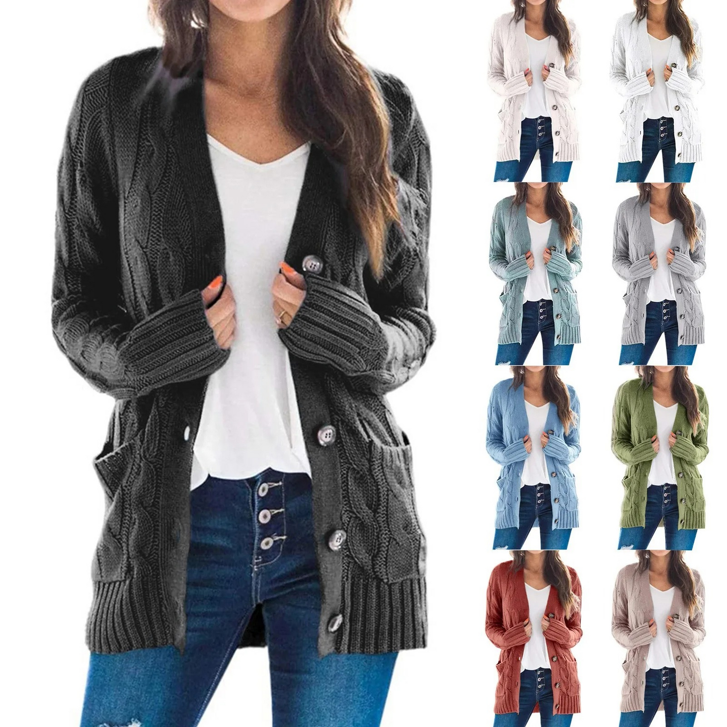 WW | Stylische Lange Strickjacke Für Damen Mit Knopfleiste